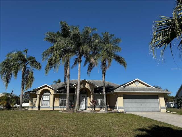 single story home with a front yard and a garage