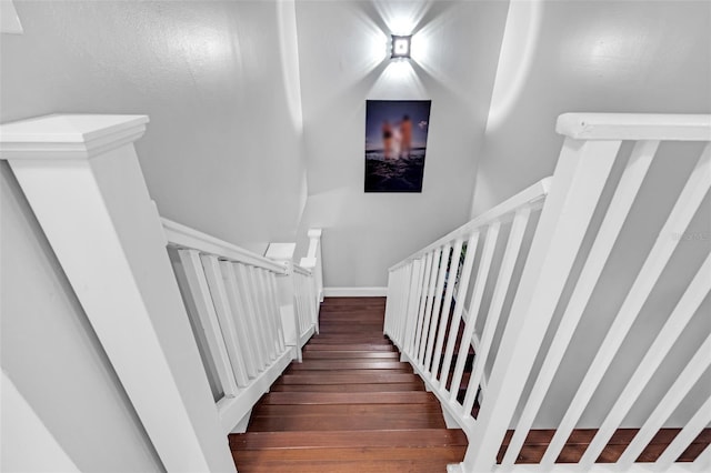 stairway with hardwood / wood-style floors