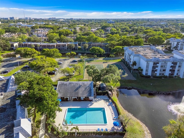 bird's eye view with a water view