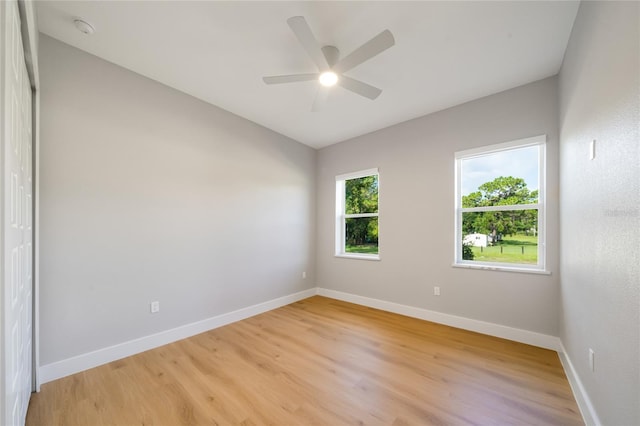 unfurnished room featuring ceiling fan and light wood-type flooring