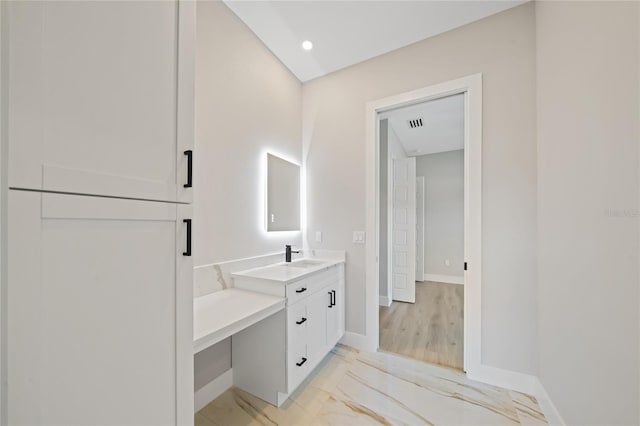 bathroom with visible vents, baseboards, marble finish floor, vanity, and recessed lighting