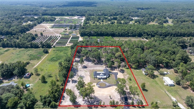 birds eye view of property featuring a forest view