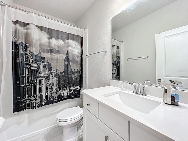 full bathroom with shower / tub combo, vanity, a textured ceiling, tile patterned floors, and toilet