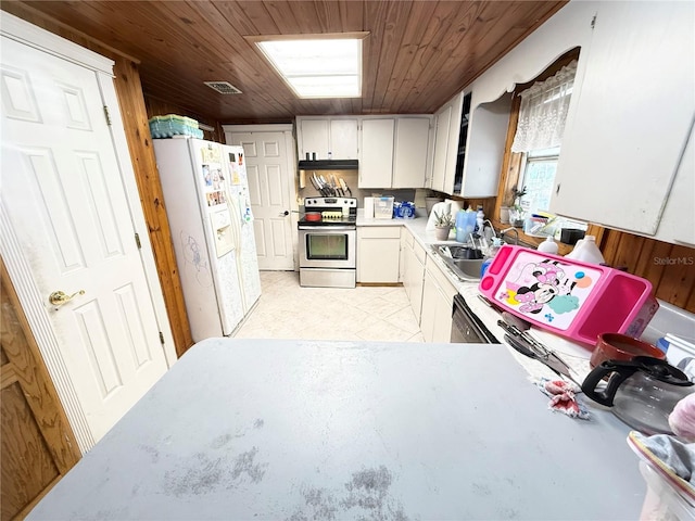 kitchen featuring stainless steel electric stove, wooden ceiling, white cabinetry, and white fridge with ice dispenser