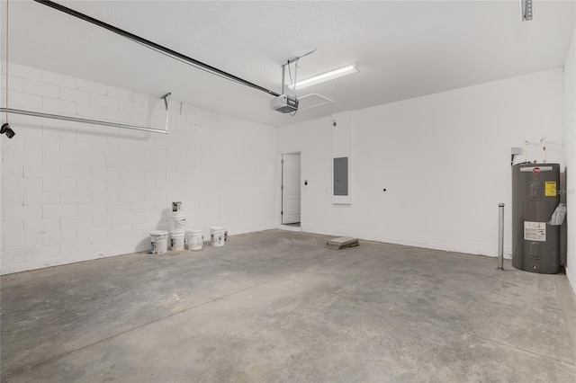 garage featuring electric panel, electric water heater, and a garage door opener