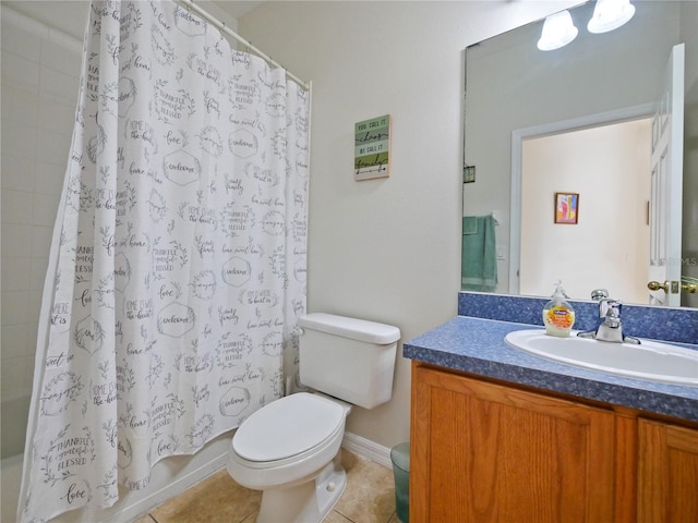 full bathroom featuring toilet, shower / bath combo with shower curtain, tile patterned floors, and vanity