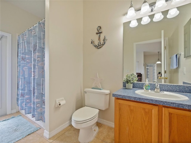 bathroom with vanity, a shower with curtain, tile patterned floors, and toilet