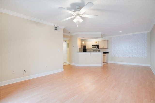 unfurnished living room with light wood-type flooring, ceiling fan, and crown molding