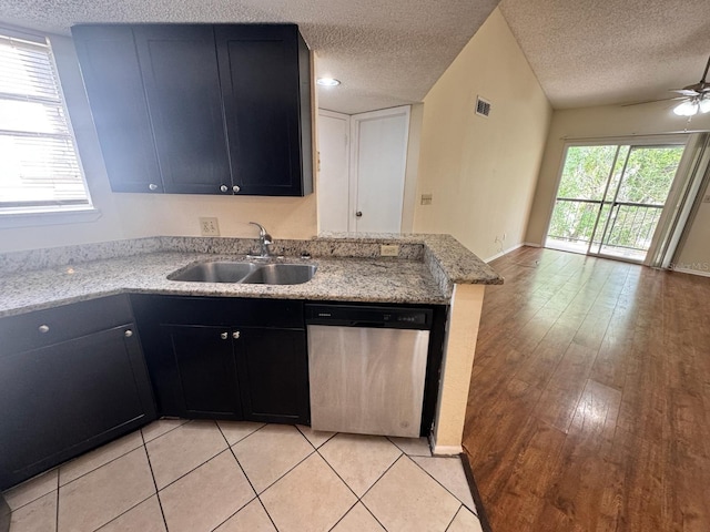 kitchen with sink, a textured ceiling, a wealth of natural light, and dishwasher