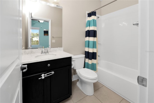 full bathroom with toilet, tile patterned flooring, shower / bath combination with curtain, and vanity