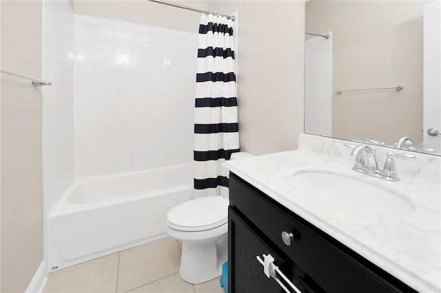 full bathroom with tile patterned floors, toilet, vanity, and shower / bathtub combination with curtain