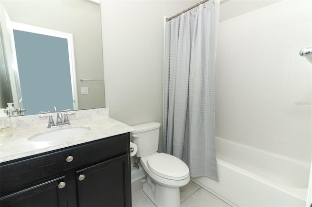 bathroom featuring toilet, tile patterned floors, shower / tub combo with curtain, and vanity