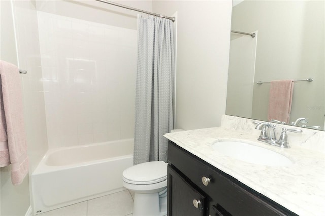 full bath with shower / bath combination with curtain, vanity, toilet, and tile patterned floors