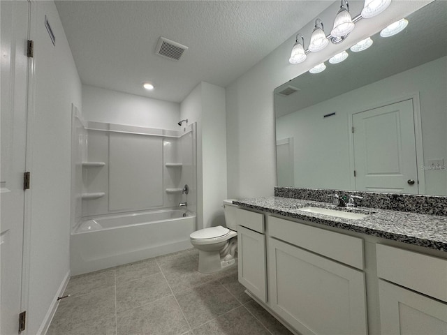 full bathroom featuring a textured ceiling, toilet, vanity, and shower / bath combination