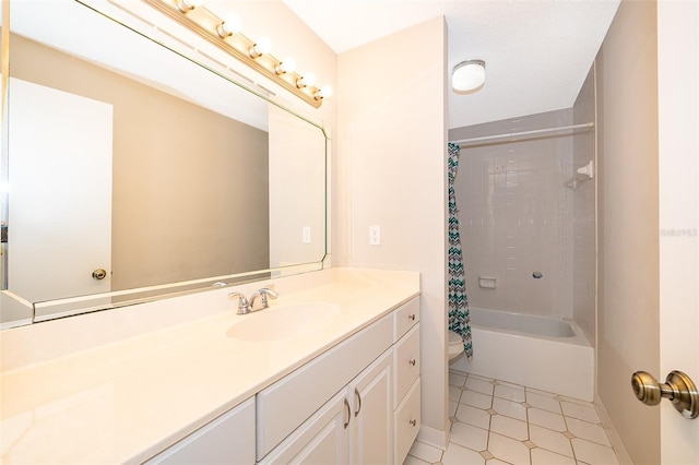 full bathroom with toilet, vanity, and shower / bath combination with curtain