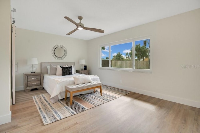 bedroom with ceiling fan and light wood-type flooring