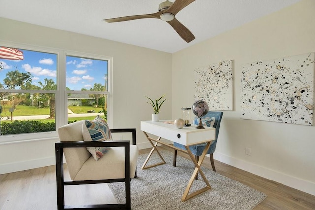 office space featuring ceiling fan and hardwood / wood-style floors