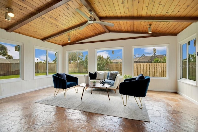 sunroom / solarium with wooden ceiling, ceiling fan, vaulted ceiling with beams, and plenty of natural light