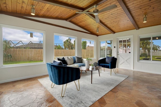 sunroom / solarium with wooden ceiling, lofted ceiling with beams, and ceiling fan