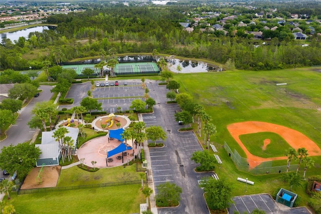 bird's eye view with a water view