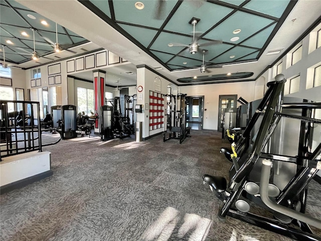 workout area featuring ceiling fan