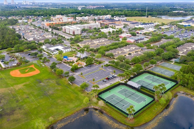 aerial view featuring a water view