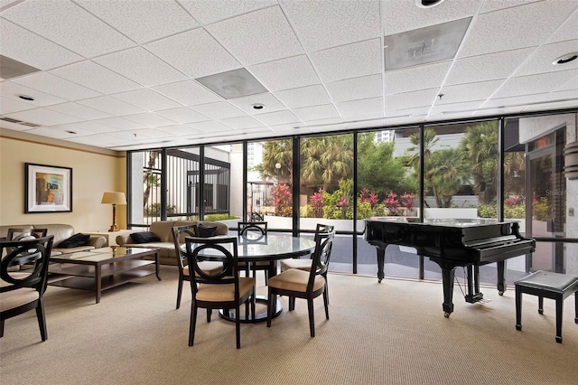 dining area with visible vents, a wall of windows, a drop ceiling, and light colored carpet