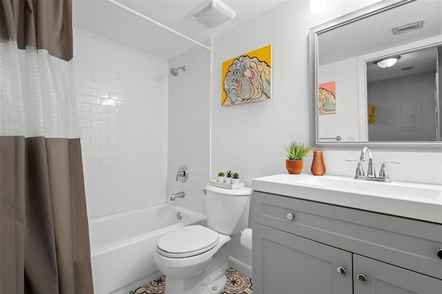 bathroom with shower / bath combo, visible vents, vanity, and toilet