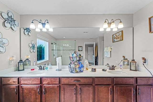 bathroom featuring vanity and a shower with door