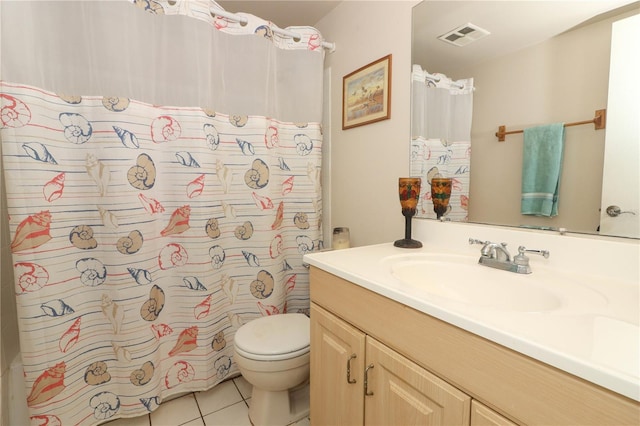 bathroom featuring vanity, toilet, curtained shower, and tile patterned flooring