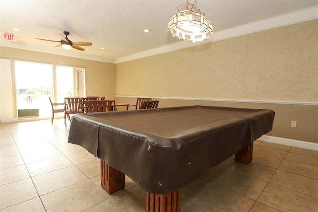 recreation room featuring crown molding, light tile patterned flooring, billiards, and ceiling fan