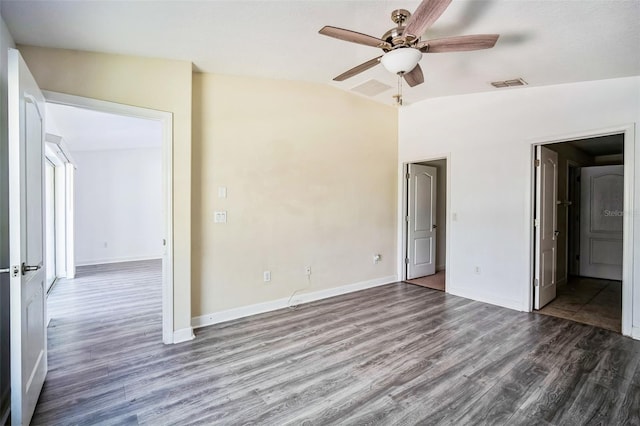 interior space featuring ceiling fan, vaulted ceiling, and hardwood / wood-style floors