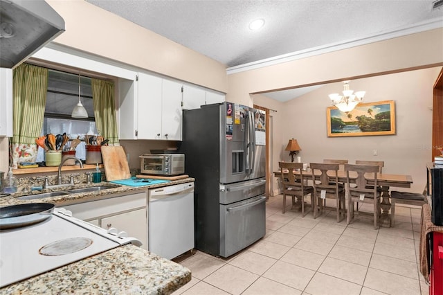 kitchen with stainless steel refrigerator with ice dispenser, dishwasher, white cabinetry, and pendant lighting