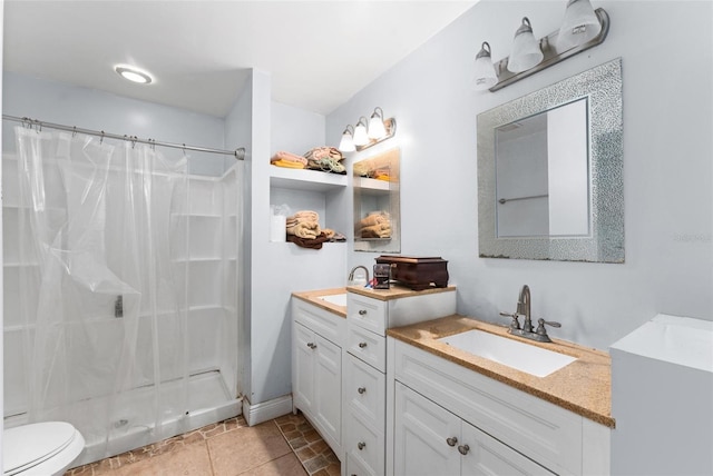 bathroom featuring walk in shower, vanity, tile patterned flooring, and toilet