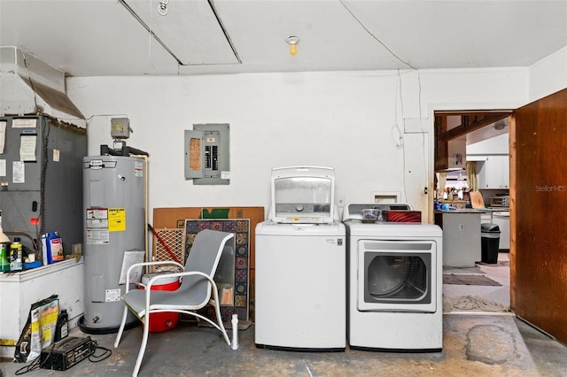 washroom with electric water heater, washing machine and dryer, heating unit, and electric panel