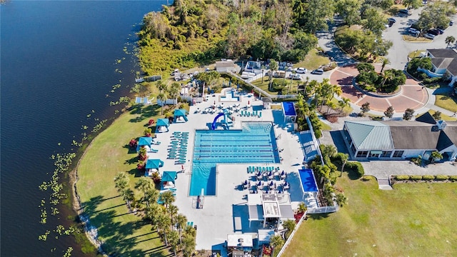 birds eye view of property featuring a water view