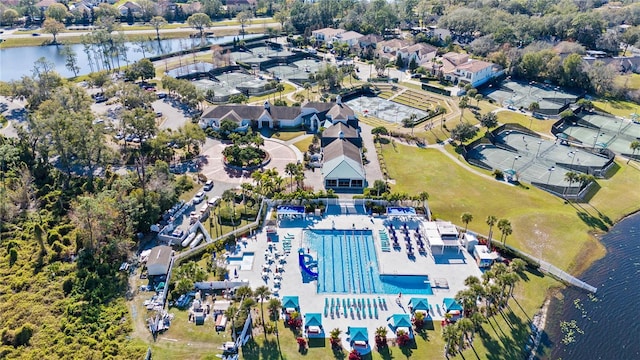 drone / aerial view featuring a water view