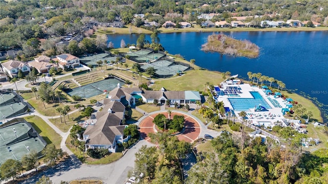 bird's eye view featuring a water view and a residential view