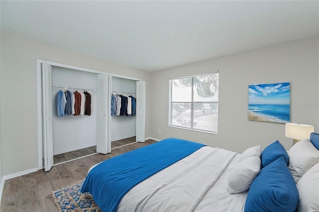 bedroom with hardwood / wood-style flooring and two closets