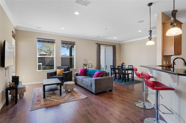 living room featuring crown molding and dark hardwood / wood-style floors