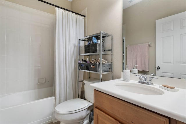 full bathroom featuring toilet, shower / bath combination with curtain, and vanity