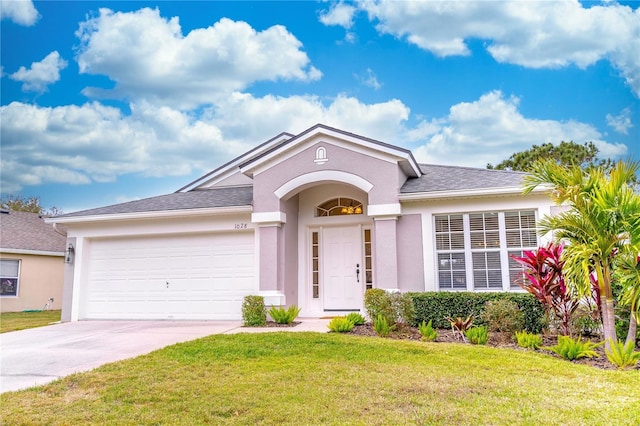 ranch-style house with a garage and a front lawn