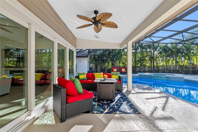 exterior space with ceiling fan and vaulted ceiling