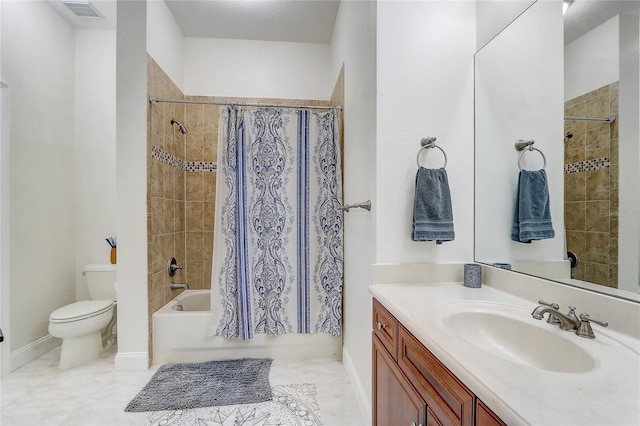 full bathroom with toilet, tile patterned flooring, vanity, and shower / bath combo with shower curtain