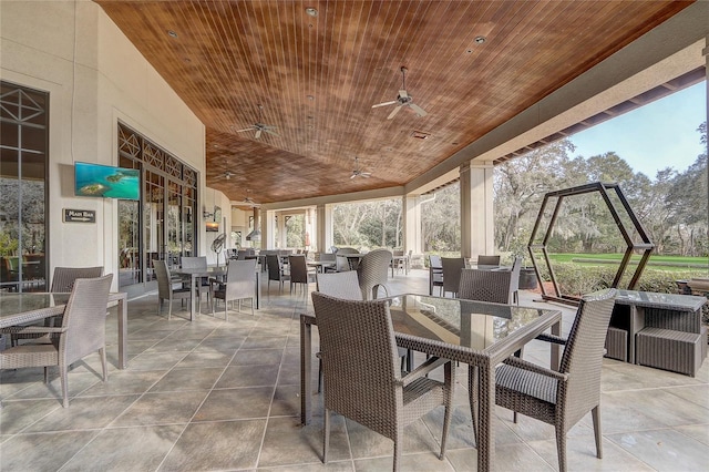 sunroom / solarium featuring ceiling fan and wood ceiling