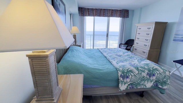 bedroom featuring a water view, access to exterior, and wood-type flooring