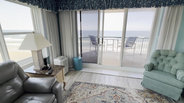 living room featuring a water view and light hardwood / wood-style flooring