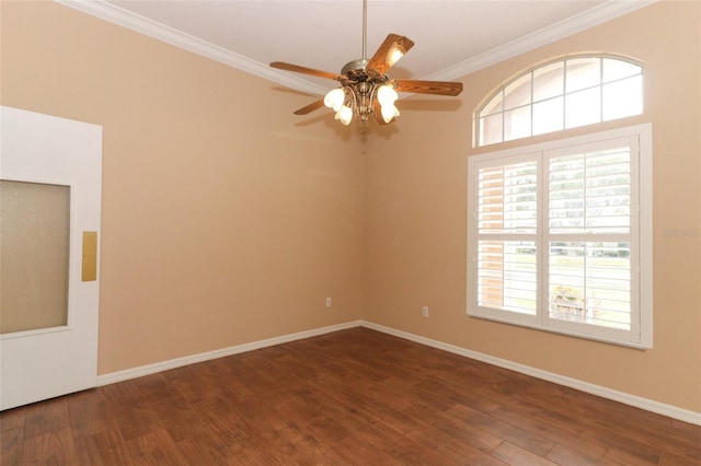 unfurnished room with ceiling fan, ornamental molding, and dark hardwood / wood-style floors