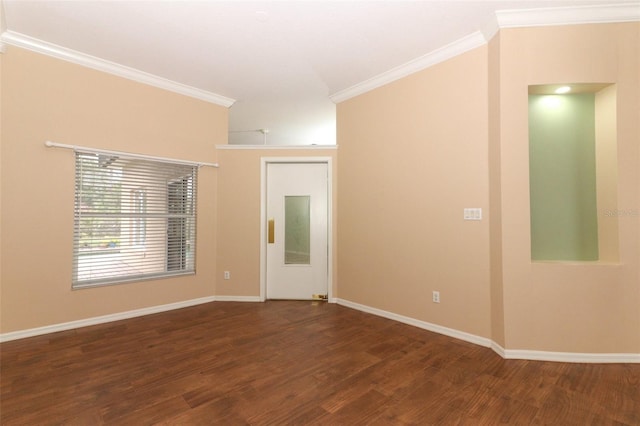 unfurnished room with dark hardwood / wood-style flooring and ornamental molding