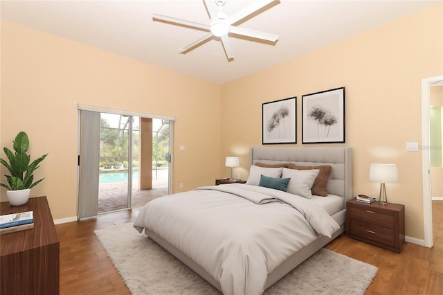 bedroom featuring access to exterior, ceiling fan, and hardwood / wood-style flooring